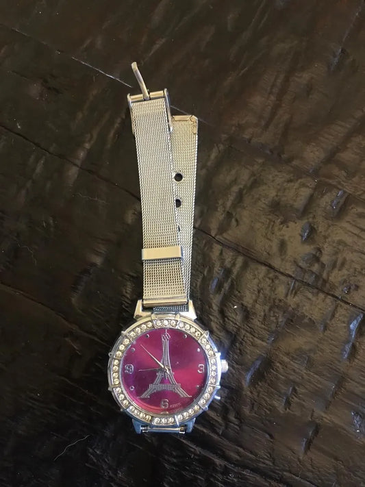 Silver and Pink Eiffel Tower Watch
